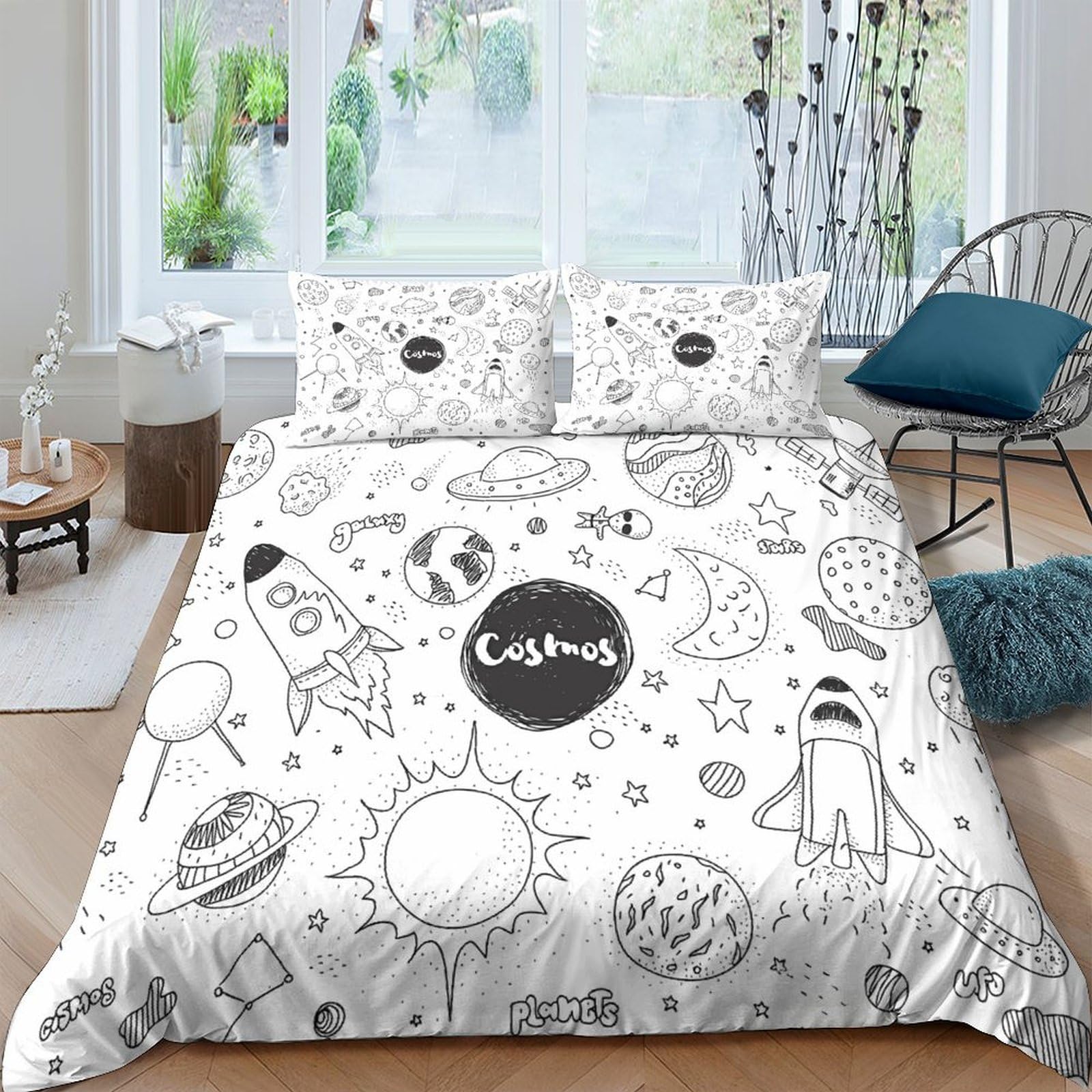 Parure de lit extraterrestre avec housse de couette planète 3D et fusée double 200x200