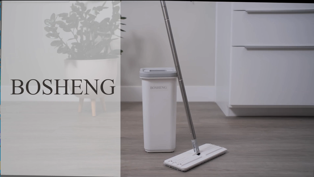 BOSHENG Mop and Bucket with Wringer Set, Hands Free Flat Floor Mop and Bucket, 3 Washable Microfiber Pads Included, Wet and Dry Use, Home Floor Cleaning System for All Floor Types and Windows