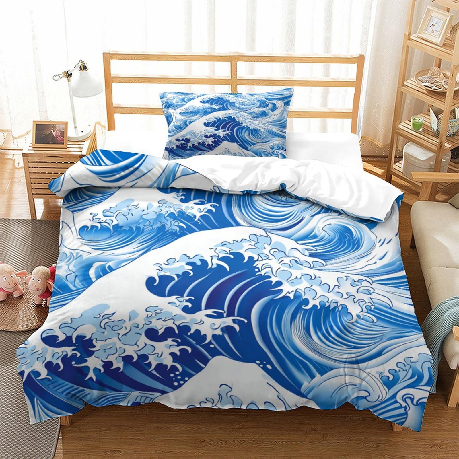 P1S9U7W5Y Dynamic Waves 3D Printed Microfiber Duvet Cover Set 3 Pieces for Adults Teens Bedroom Decor Ocean Bedding Set Soft Breathable All Seasons Single（135x200cm）