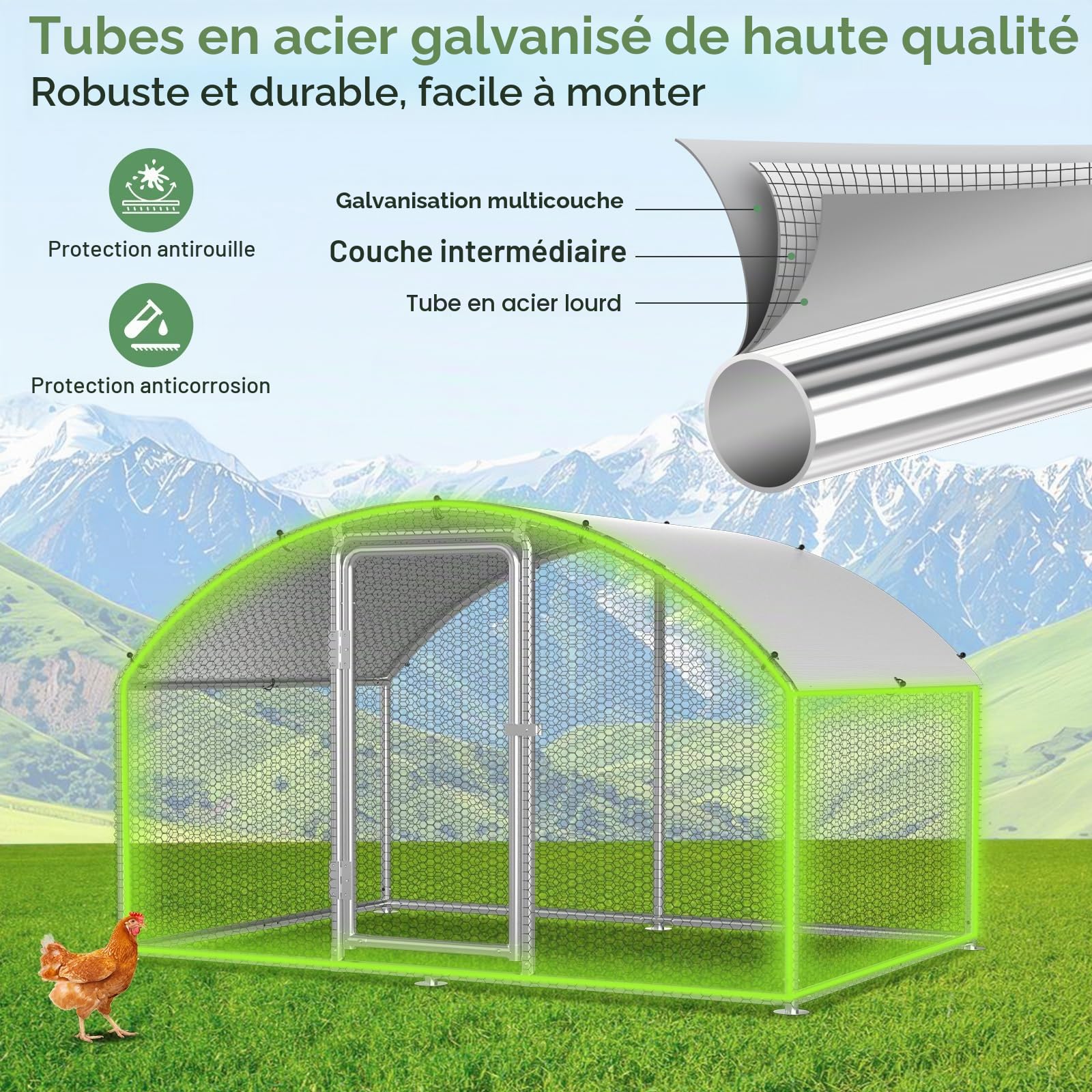 Eulenke Poulailler 3 x 4 x 2 m avec enclos en liberté pour petits animaux pour l'extérieur, poulailler avec trappe à poules, volaille, cage à oiseaux, cage à poules, enclos pour petits animaux