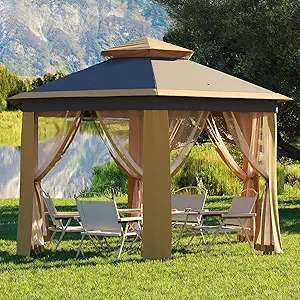 Garvee Pop Up Gazebo Screen Tent,Hexagonal Instant Gazebo Tent with Mosquito Netting Outdoor Canopy,6 Sided Sun Shelter 13x13ft with Mesh Netting,Pavilion Tents for Patio,Khaki+Beige