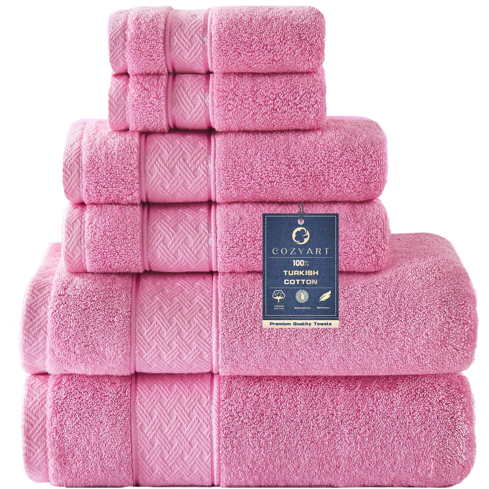 COZYART Pink Bath Towel Set 6 Piece, 2 Bath Towels 2 Hand Towels 2 Washcloths, Luxury 100% Turkish Cotton 650GSM Hotel Quality, Soft, Absorbent, Towel
