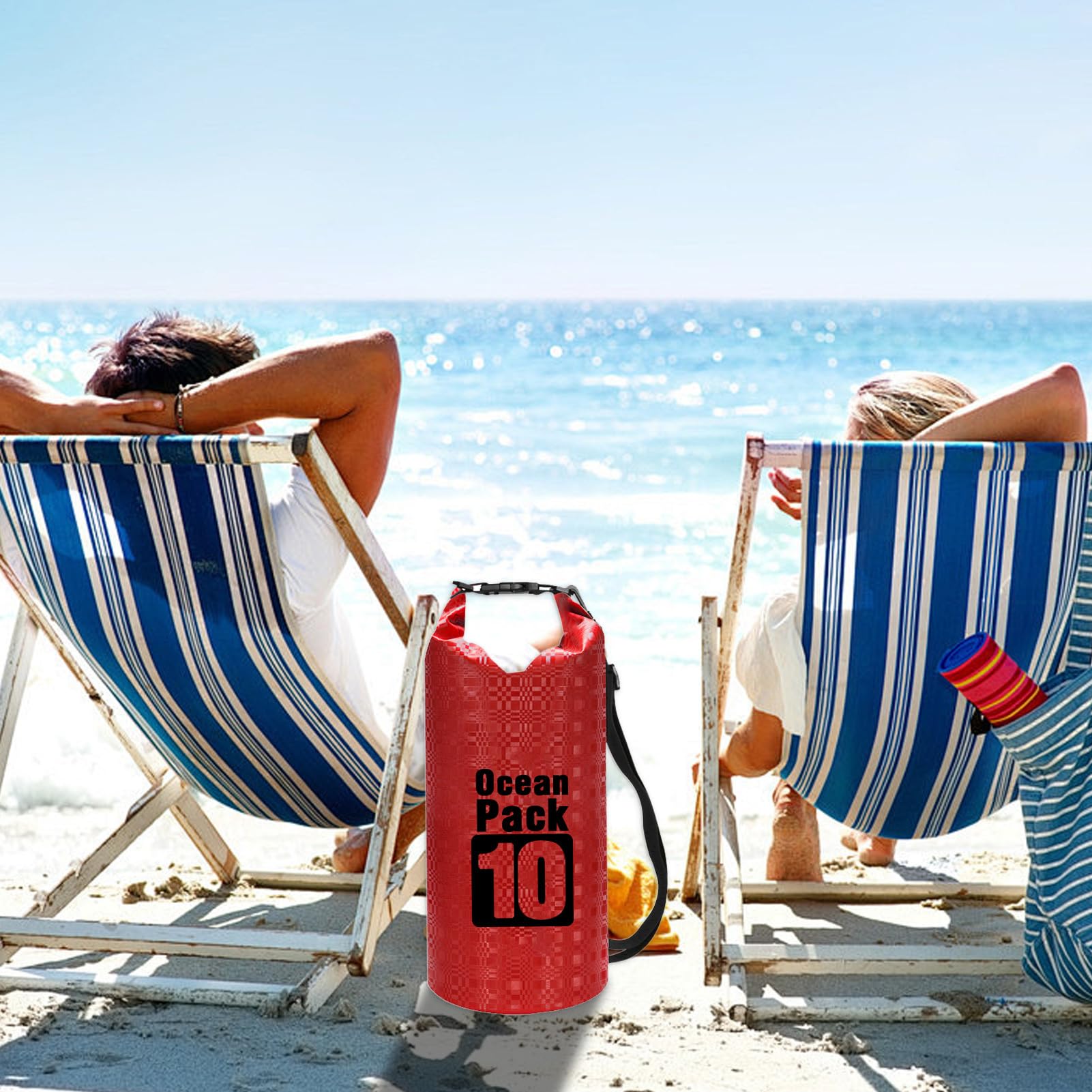 Wodoodporna torba 10 l, wodoodporna torba z dołączonym wodoodpornym etui na telefon, regulowanym paskiem, torba do pływania, pływania łodzią, kajakiem, plażą i sportów wodnych, Czerwony, Refer to