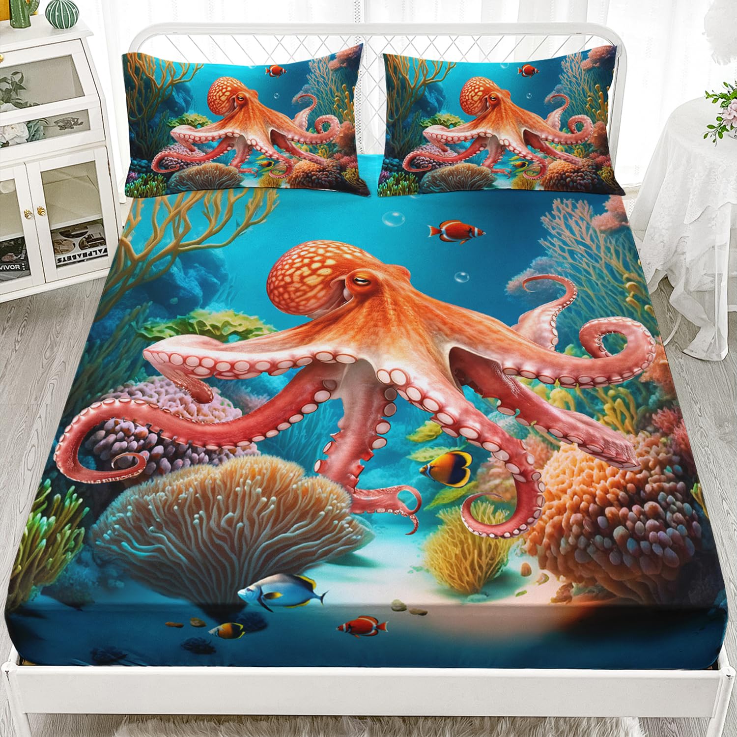 AILONEN Octopus Fitted Sheet Twin Size, 3D Octopus Turquoise Themed Bedding Set for Kids Boys,Boho Mandala Ocean Theme Bedding Set,3 Pieces,1 Soft Breathable Fitted Sheet and 2 Pillowcases