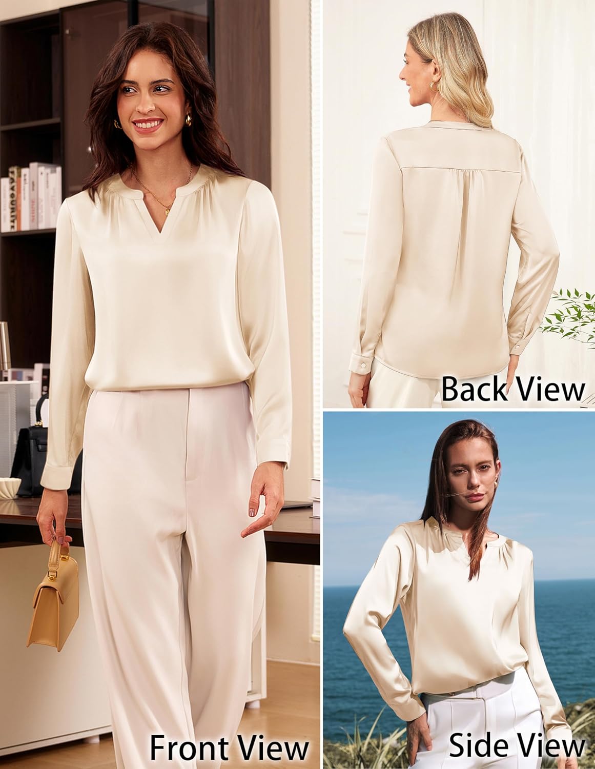 GRACE KARIN Women Blouses Dressy Casual Long Sleeve, Satin Silk Shirts for Work, Basic Tops V Neck, Fashion Outfits Trendy - Image 2