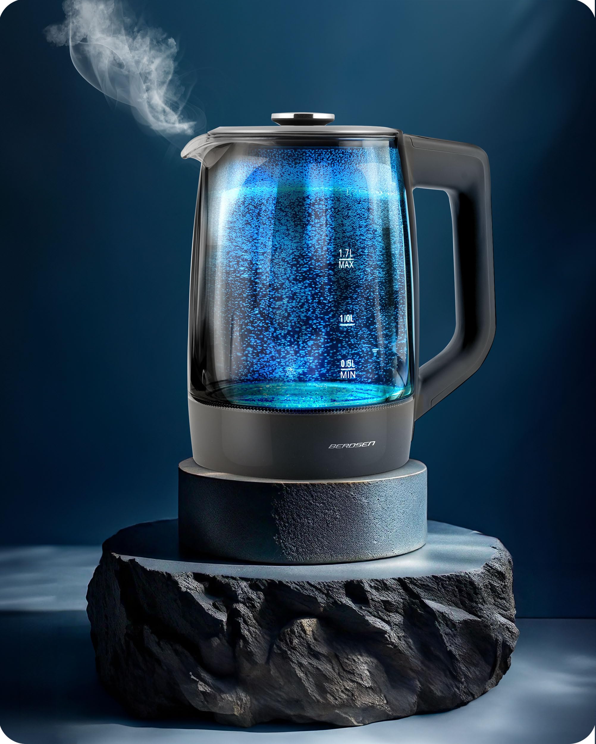 Berdsen Hervidor de agua con ajuste de temperatura, cristal de borosilicato, 1,7 L, función de mantenimiento del calor, panel táctil, indicador de temperatura, iluminación interior gris