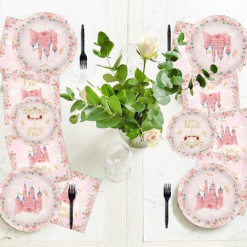 Miniatura 7 de Juego de 96 platos y servilletas de fiesta de princesa, suministros de fiesta de princesa floral rosa, decoraciones de fiesta de princesa, recuerdos