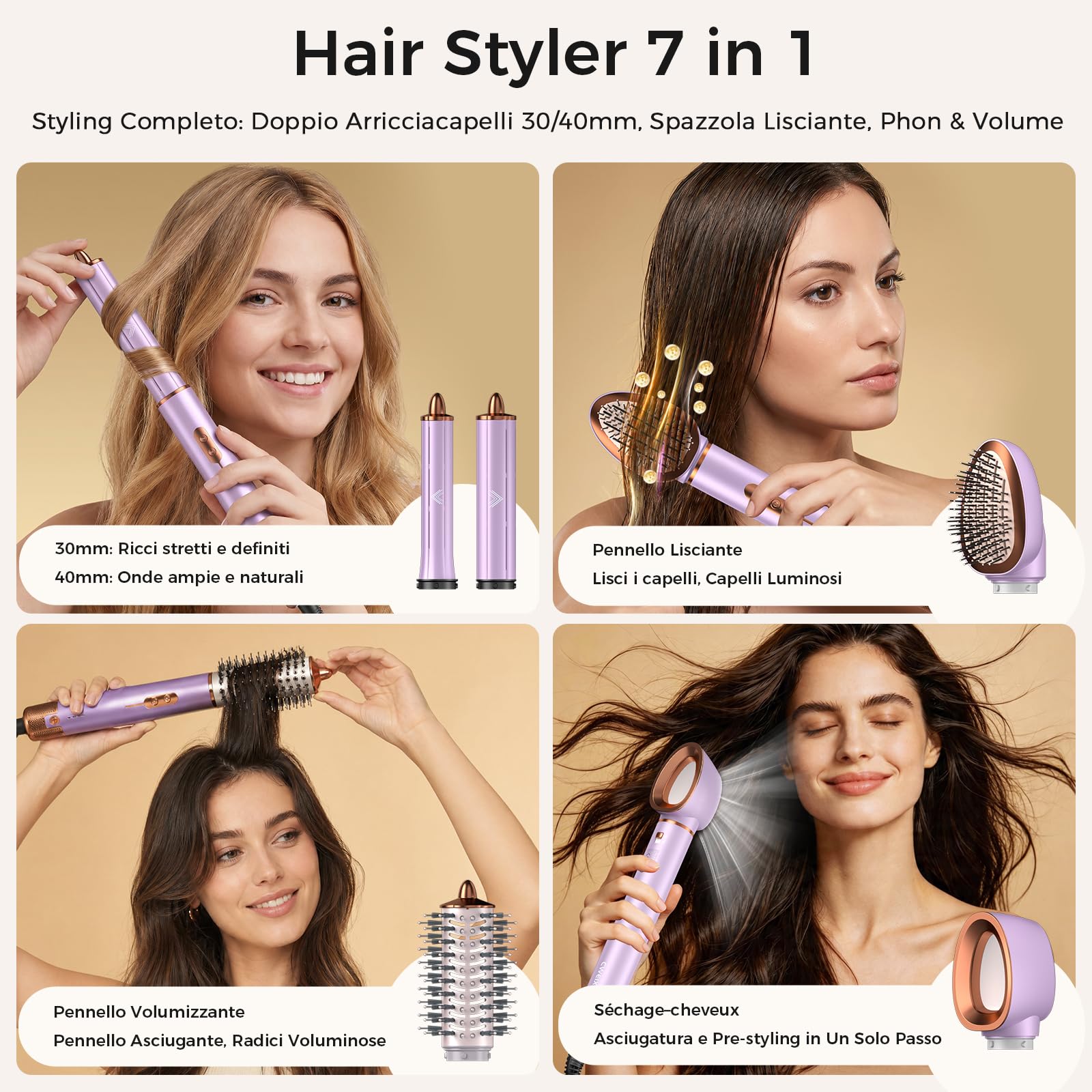 Cwexi Air Styler 7 in 1, Asciugacapelli Ionico, 2 Dimensioni Arricciacapelli Automatico, Spazzola Rotante Per Capelli e Lisciante, 1700W, 114.000 Giri/min, Custodia in Pelle, Set Regalo Viaggio