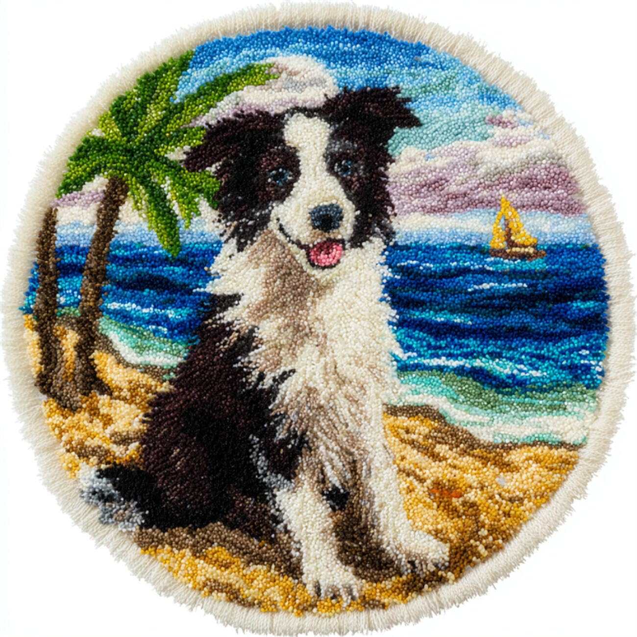 Kitquiver Dog Animal Rug Making Kits Beach Border Collie DIY Rug Making Craft Kits with Yarn & Canvas and Crochet Needle Embroidery Decoration 50x50cm