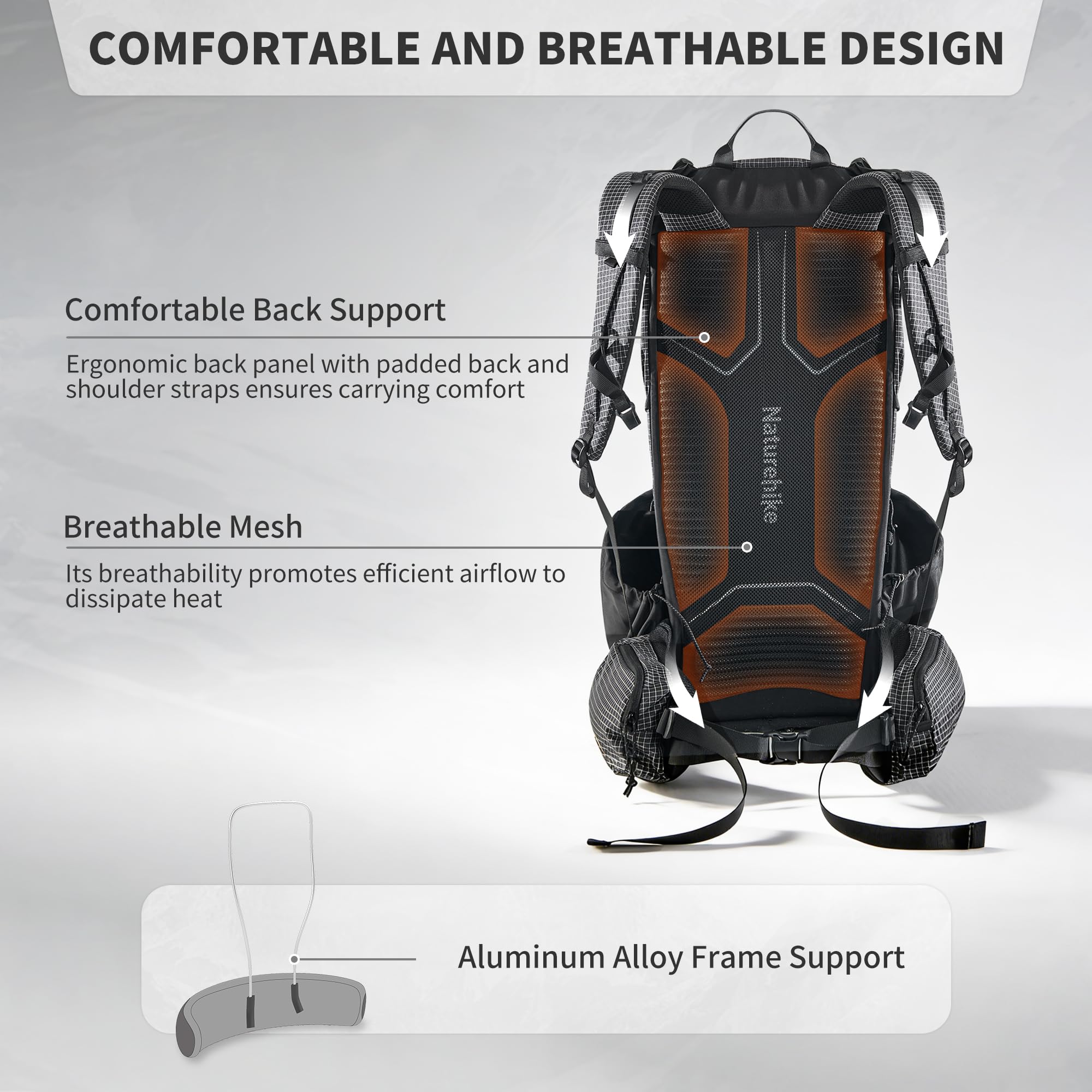 Naturehike Rock 2.0 aggiornato 30/45/60 l zaino interno telaio zaino da trekking uomo donna con copertura impermeabile zaini da escursionismo per campeggio all'aperto viaggi backpacking, Nero, 45l/M