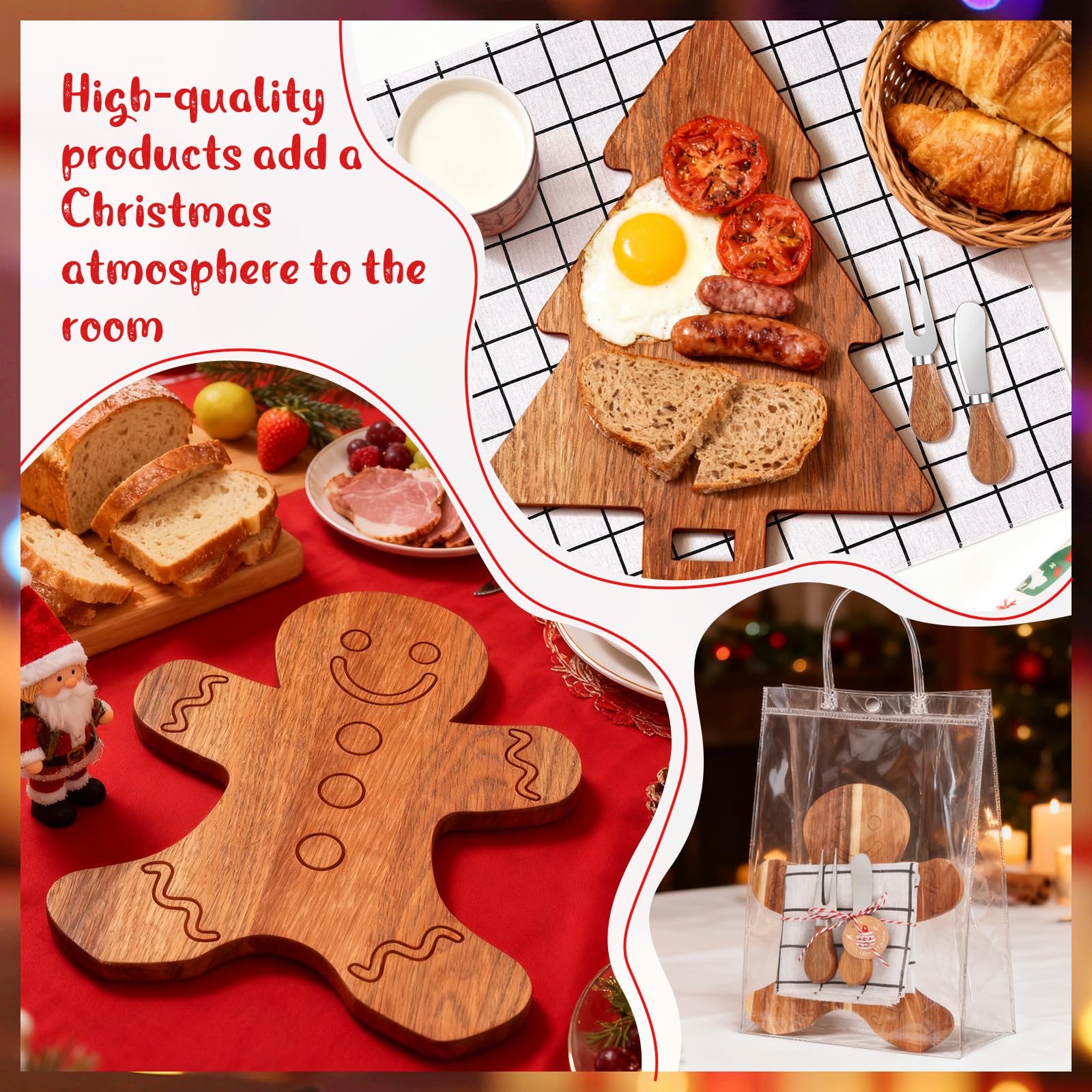 18-teiliges Set Weihnachtsgeschenke Brautdusche Gastgeschenk Weihnachten Süßigkeiten Schneeflocke Akazie Holz Schneidebrett Geschenkset Käsemesser Mini Käsebrett Weihnachtsanhänger für Winter Home