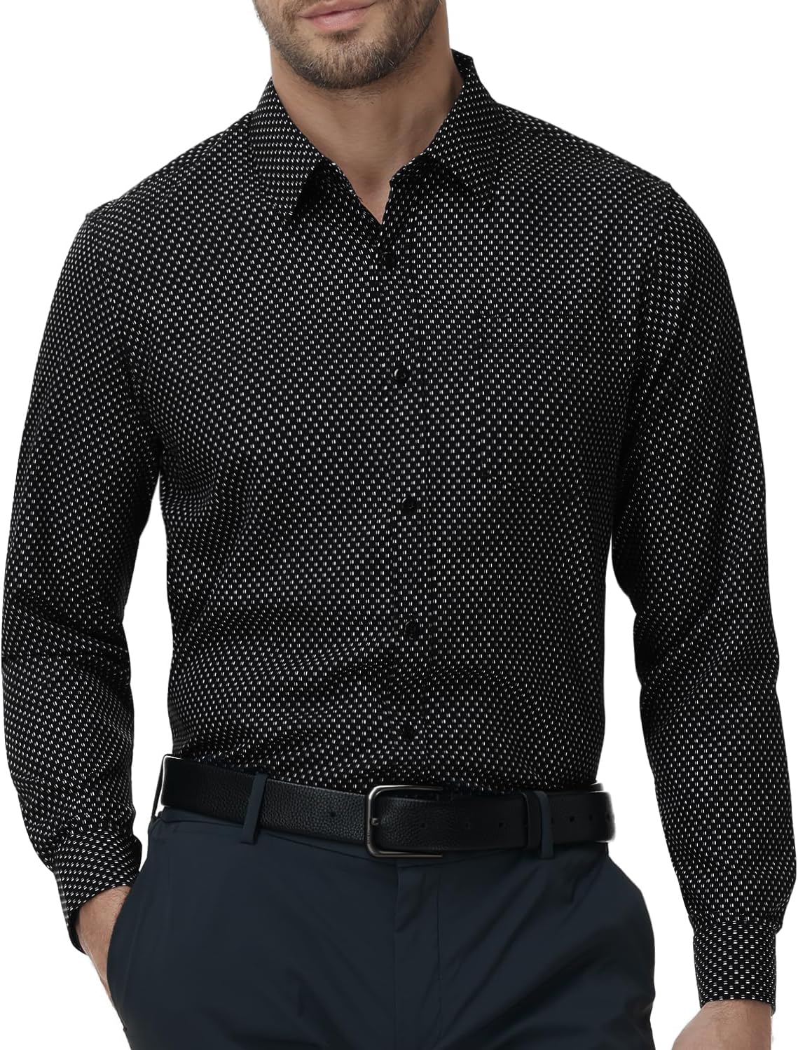 Mens Printed Dress Shirt Long Sleeve Stretch Wrinkle-Free Untucked Patterned Button Down Business Shirts with Pocket - Image 2