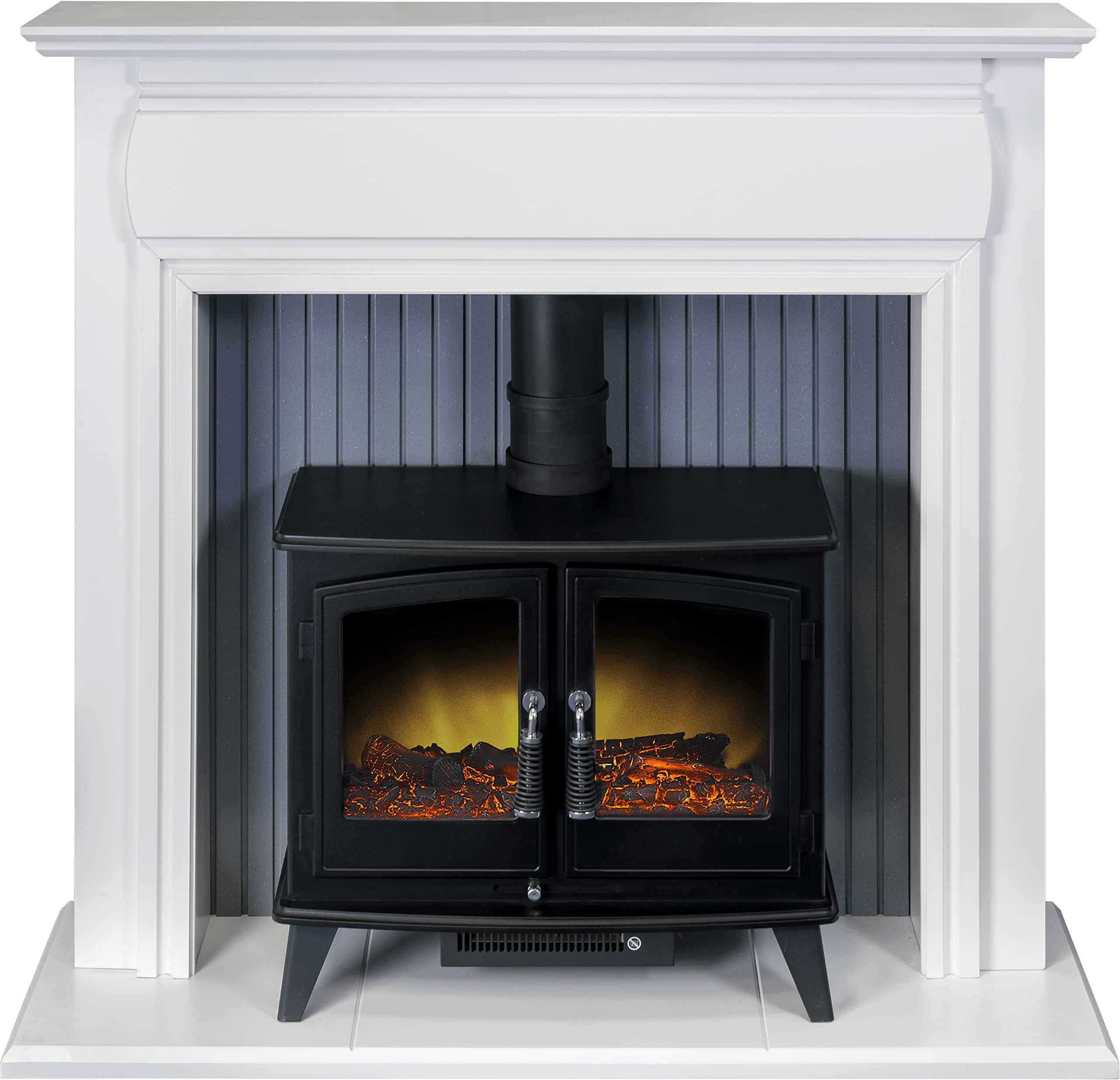 Adam Florence Stove Fireplace in Pure White with Woodhouse Electric Stove in Black, 48 Inch