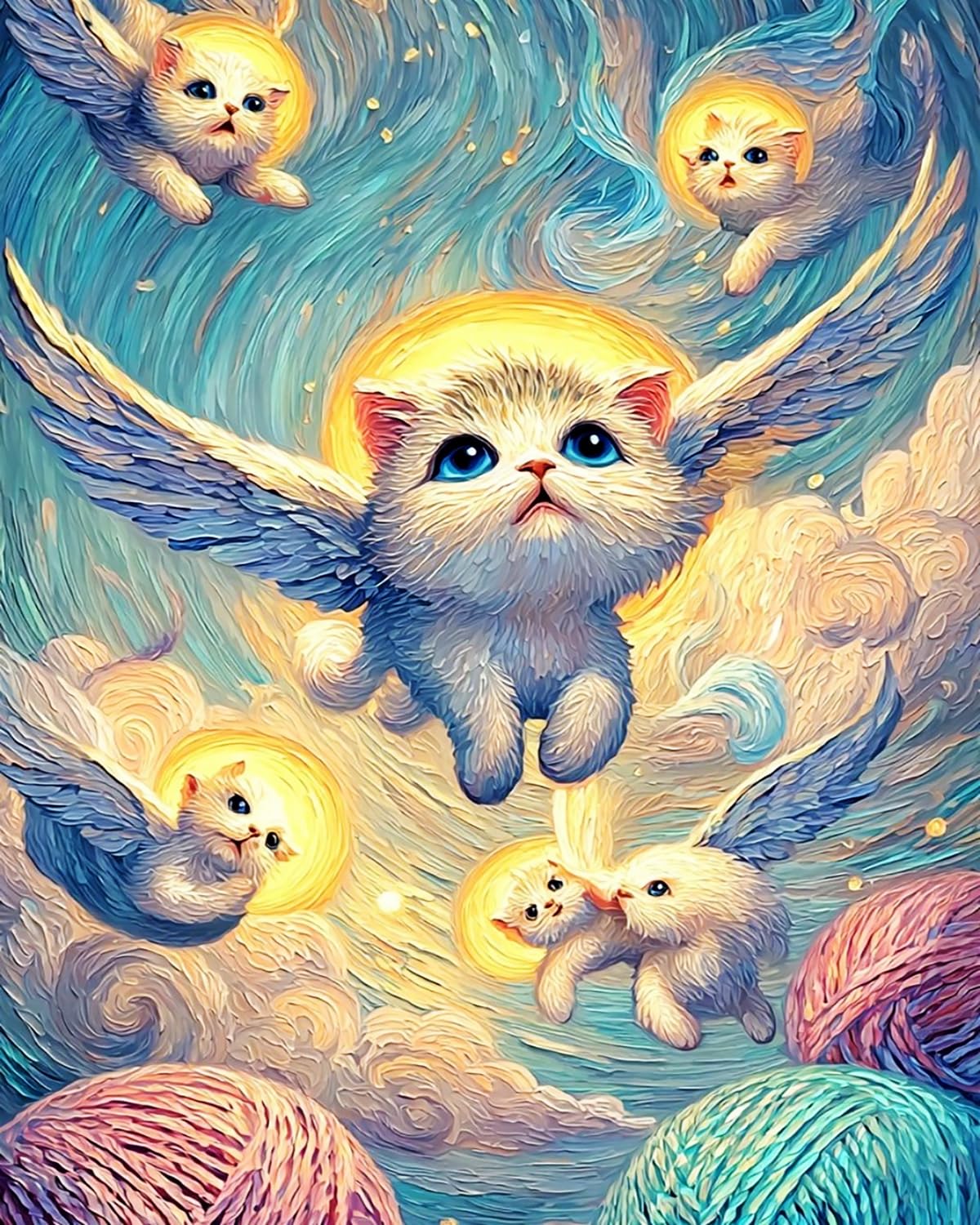 LIUBAISHI Paint by Numbers Kit for Adults – Large 16x20 | Wall Art Painting for Living Room, Stress Relief Craft, Hobby Gift Set with Paints and 3 Brushes-Angel Cat's Cloud Travel (2)