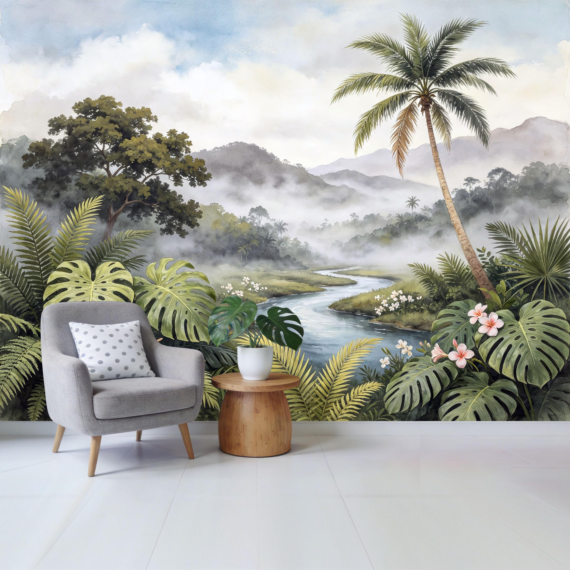 Custom Size Wall Mural， Tropical Jungle Watercolor Palm Leaf Misty River Landscape Removable Self Adhesive Fabric，Home Wall Decor for Living Room Bedroom Bathroom