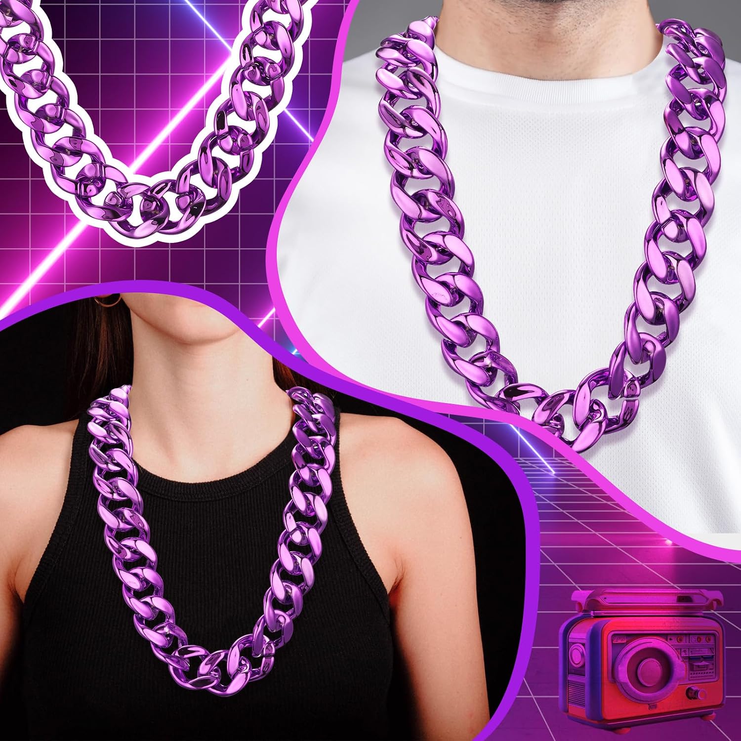 Huquary Big Chain Necklace Detachable Hip Hop Rapper Fake Chain Plastic Necklace 80s 90s Costume