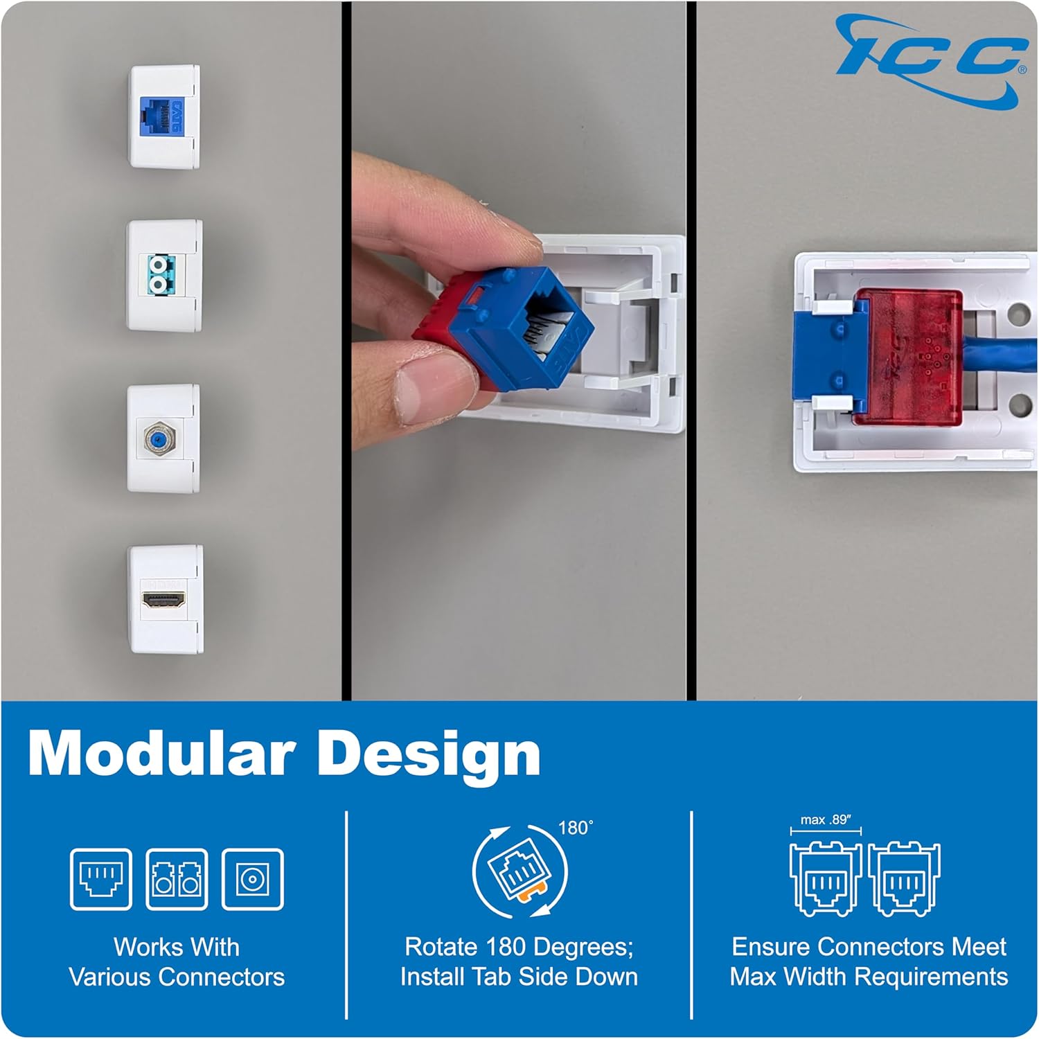 ICC 1-Port Surface Mount Box, White, Works with Wide and Slim Profile Keystone Jacks (Sold Separately), Compact Outlet for Voice and Data Connections, UL Listed TAA Compliant, IC107B1TWH, 10-Pack
