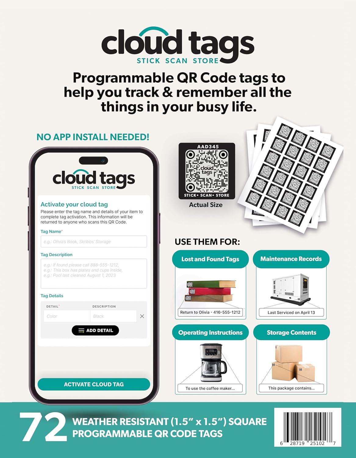 QR Code Cloud Tag Labels | Programmable QR Codes to Store Information, Instructions, Lost & Found, Service Histories & More | No App or Subscription Needed | Pack of 72 (1.5 Inch x 1.5 Inch)