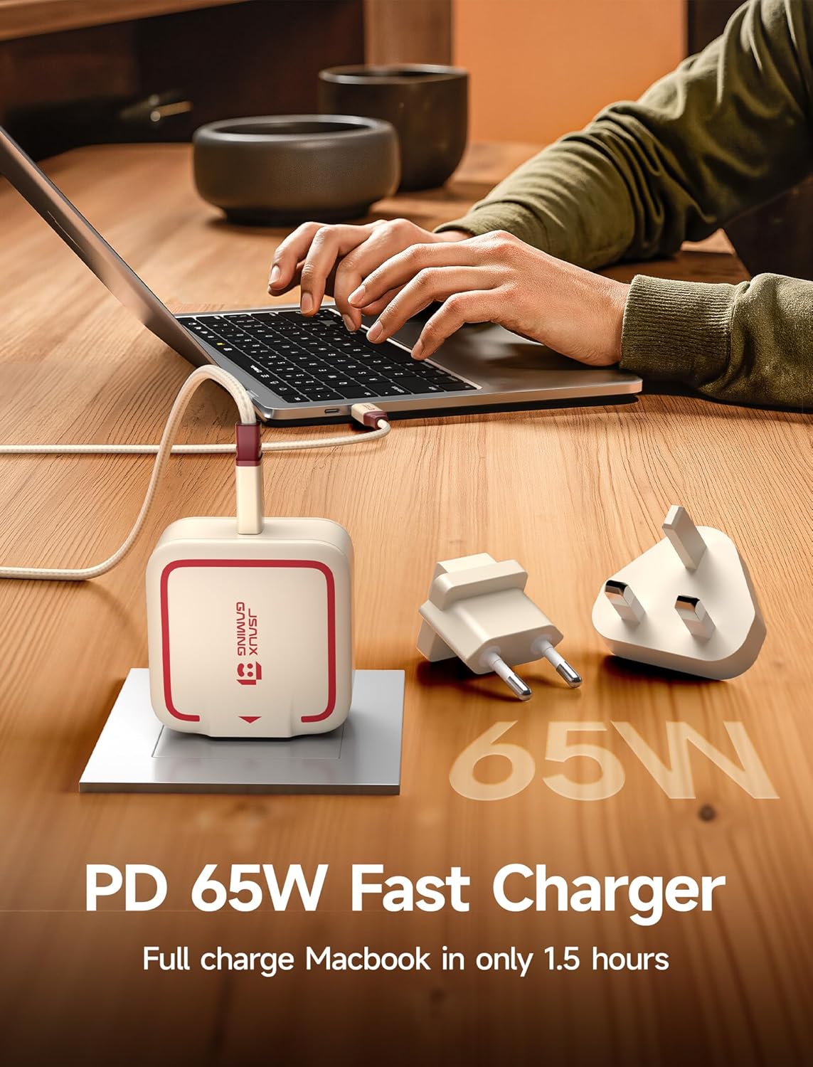 JSAUX 65W USB C Charger for Nintendo Switch 2, Powers in TV Mode, with EU/UK Plug & 6.6FT Cable, GaN PD Fast Charge for ROG Xbox Ally, Steam Deck, ROG Ally, iPhone 17, Galaxy, iPad, MacBook -Off White