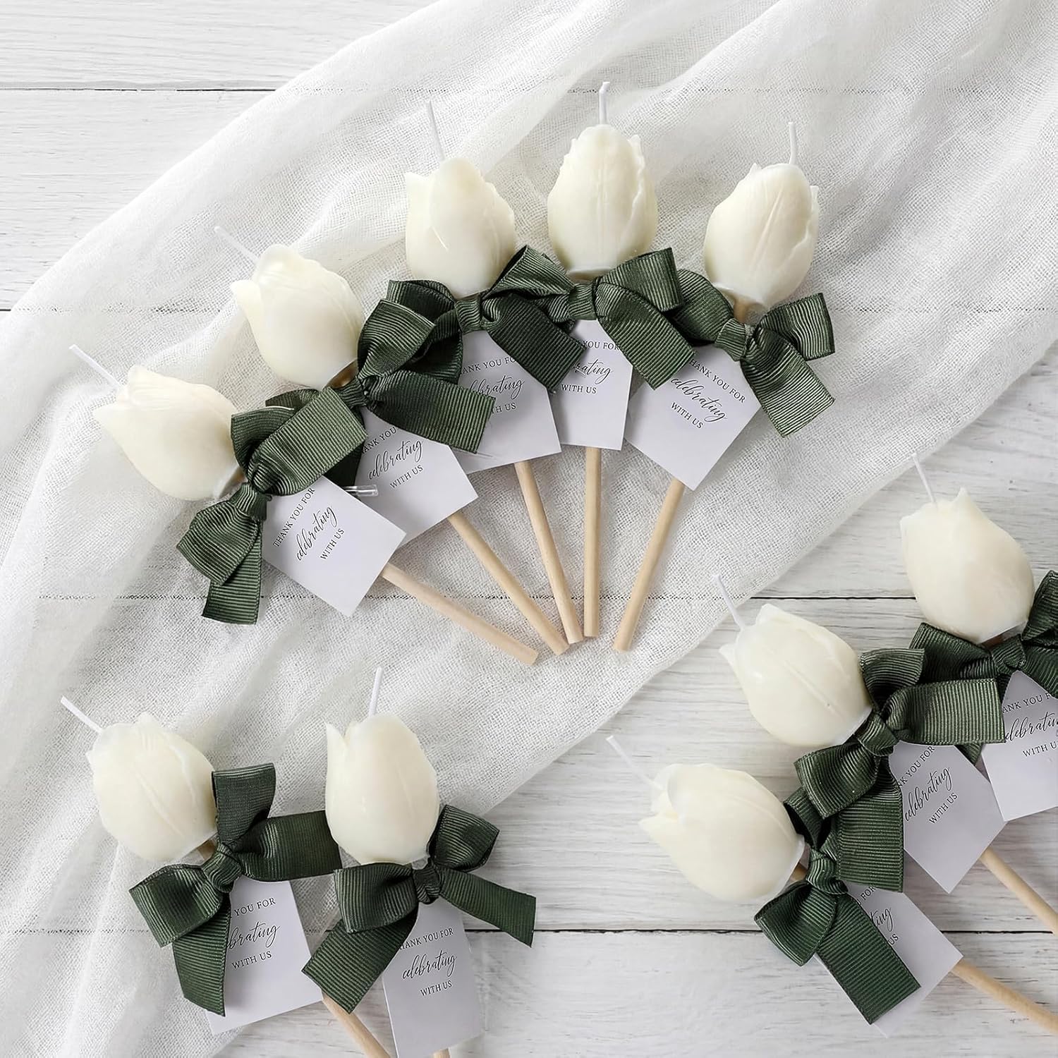Conelist 24 Pack Tulip Candles Wedding Favors for Guests Bulk White Flower Candle Wedding Return Gifts with Card Sage Green Bow Bridal Shower Favors for Bridal Baby Shower Tables Centerpieces Decor