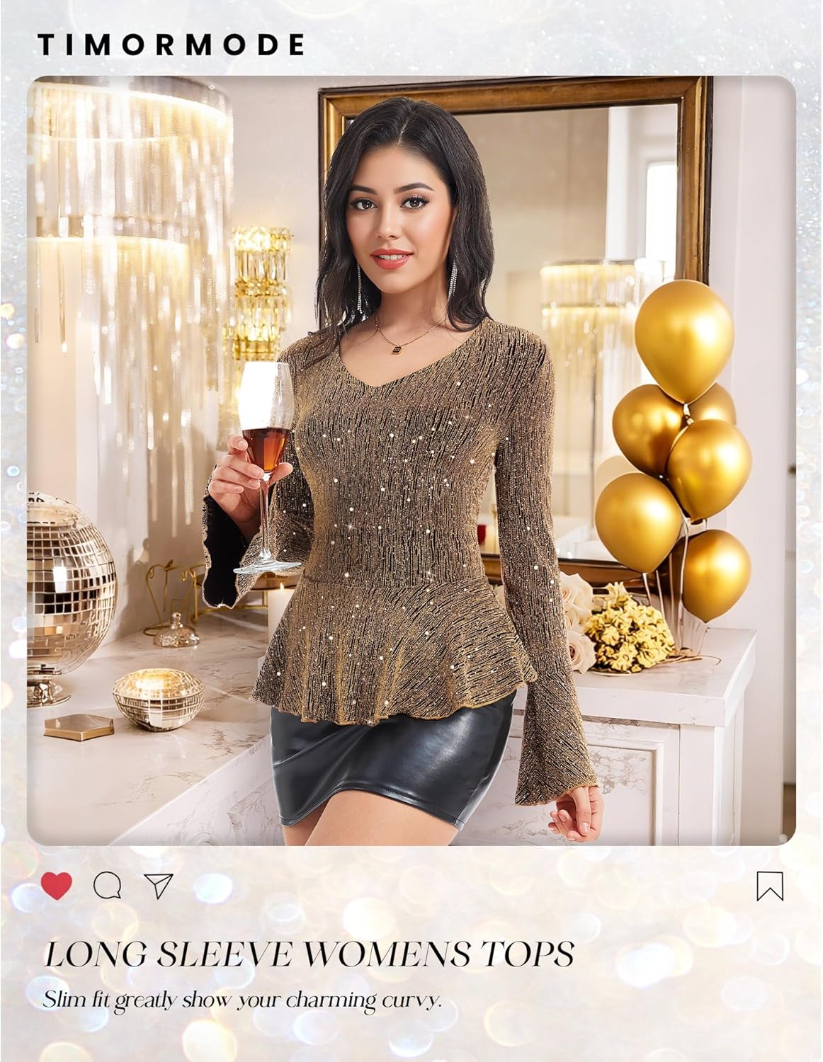 Sparkly Tops for Women Long Sleeve V Neck Ruffle Hem Sequin Shirts Glitter Blouses Evening Party Night - Image 6