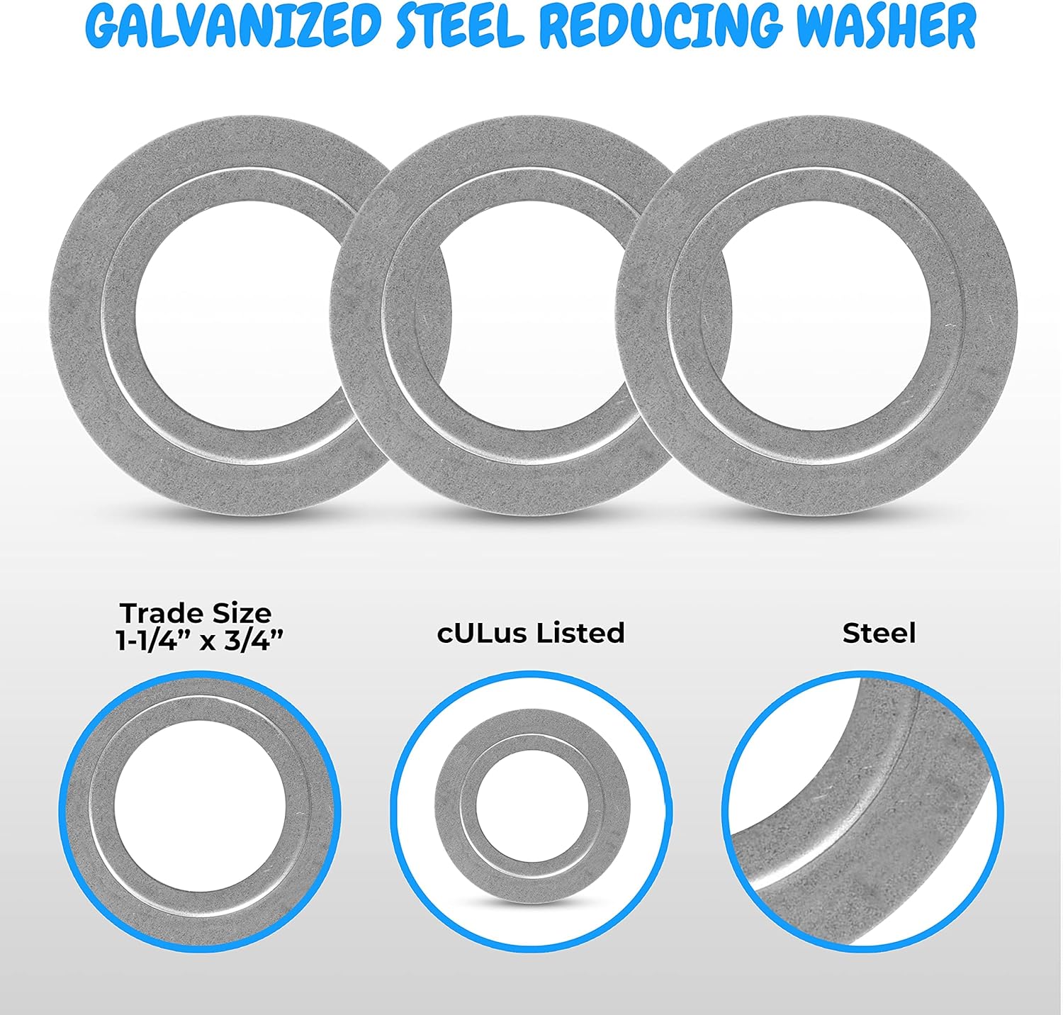 OHLECTRIC Reducing Washer 1¼ x ¾ Inches (50 Pack) Heavy Duty Galvanized Steel, Silver, Flat Washer, cULus Listed, Reduce Oversized Openings of Metal Outlet Box