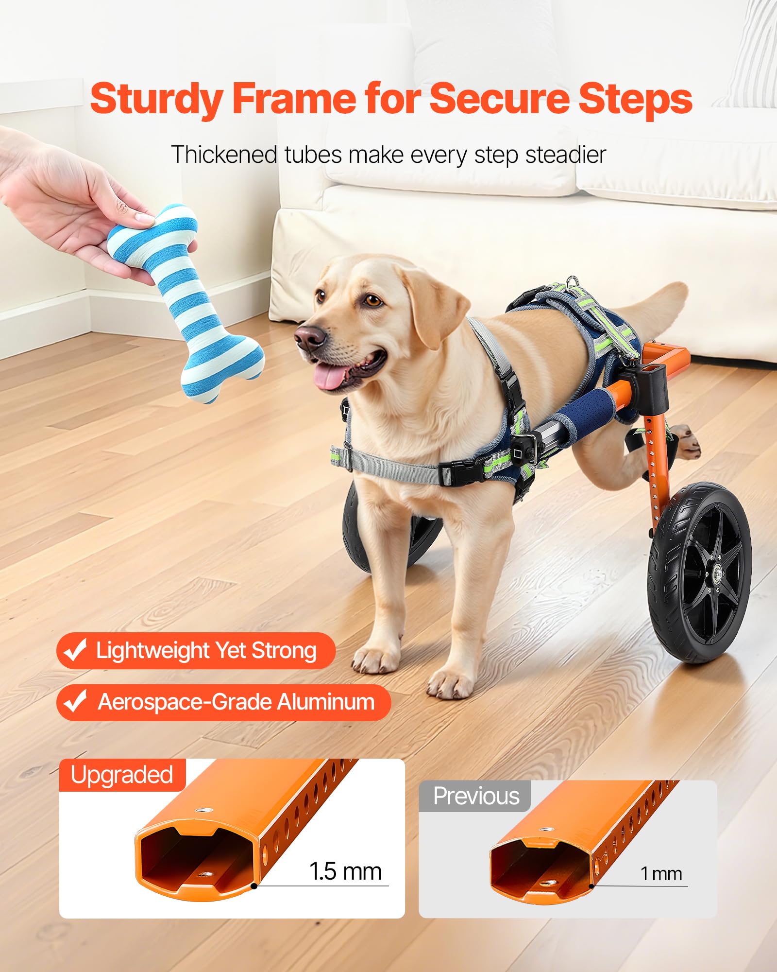 VEVOR Fauteuil Roulant pour Chien Pattes Arrières 2 Roues Chariot pour Chien Léger pour Chiens Blessés et Handicapés 15,88-21,77 kg, Réglable en Hauteur Largeur Longueur, Roues Amortissantes, Taille M