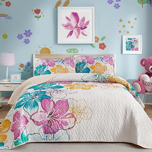 DJY Romantic Pink Teal Quilt Set Twin Size, 2 Pieces Colourful Floral Bedspread Set Bohemia Reversible Bedding Set Microfiber Lightweight Bedspread Coverlet Set for All Season 68"x86"