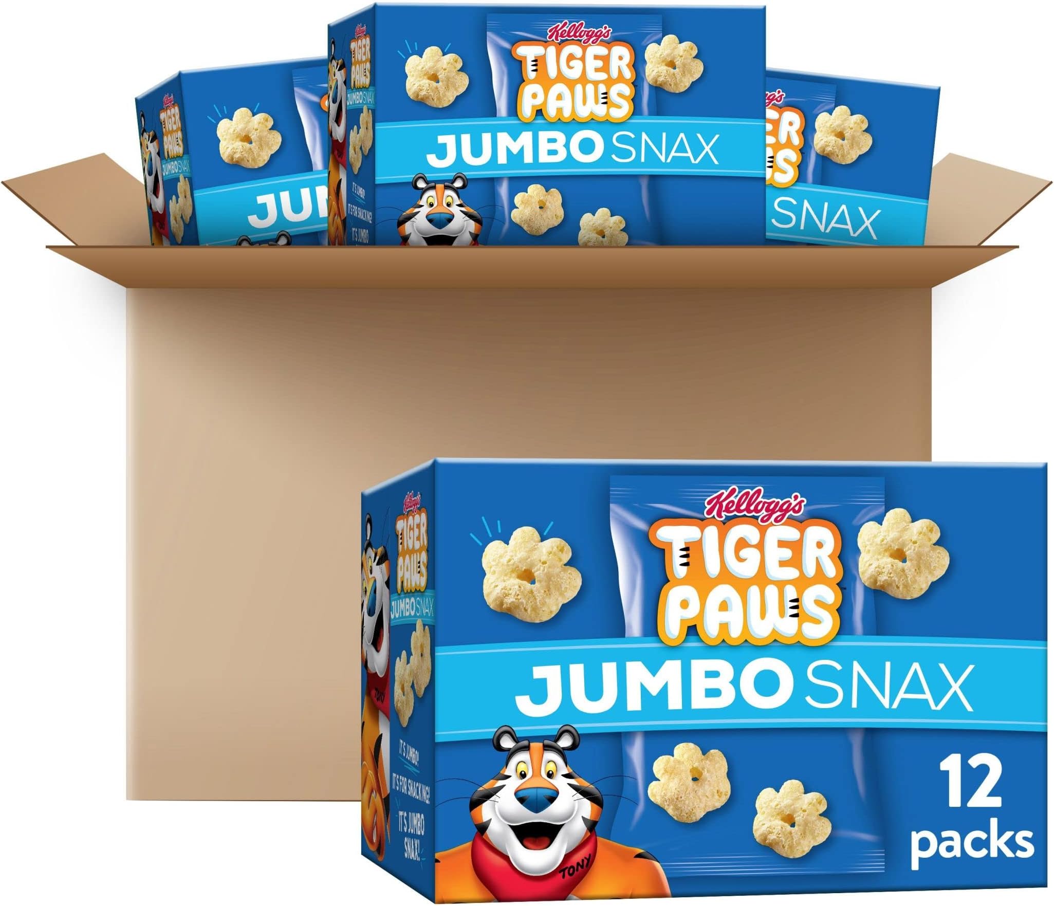 Kellogg's Tiger Paws Jumbo Snax Cereal Snacks, Kellogg's Frosted Flakes Inspired, Kids Snacks, Original (4 Boxes, 48 Pouches)