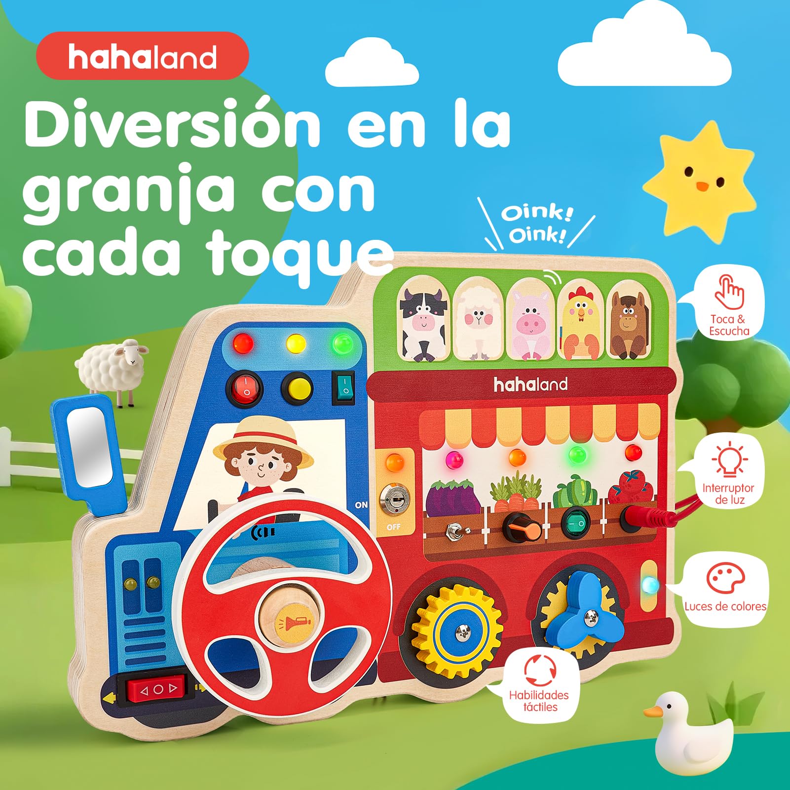 hahaland Juguetes Montessori Niños 1 año, 18 en 1 Busy Board de Madera | Luces LED y Interruptores, Motricidad Fina para Bebés Juguetes Sensoriales 1 2 3 años