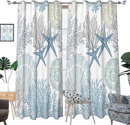 Miniatura 3 de Llylumty Cortinas náuticas, estrellas de mar costeras, acuarela, océano, lado del mar, playa, coral, tema marino, cortinas opacas con ojales para