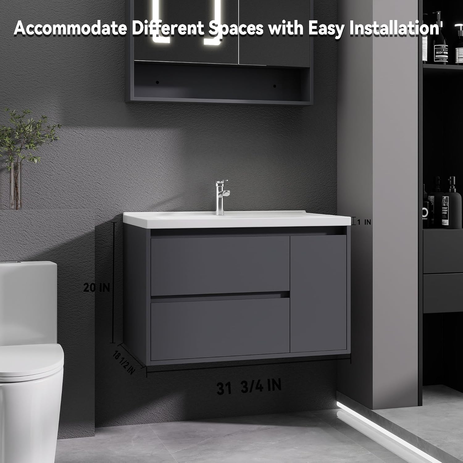 32 Inches Bathroom Vanity with Sink, Wall Mounted Floating Cabinets 2 Drawers & 1 Door Drawers, Dark Gray Plywood Sink Combo Set (Dark Gray, 32")