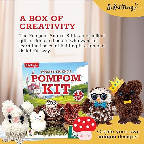 Miniatura 3 de BeKnitting Kit de manualidades para hacer pompones para niños, completo con hilo, fabricantes de pompones y calcomanías
