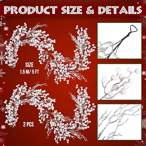 Miniatura 2 de Guirnalda de bayas de Navidad de 5 pies, guirnalda artificial de bayas con nieve artificial para mesa, escaleras, árboles de Navidad, decoraciones