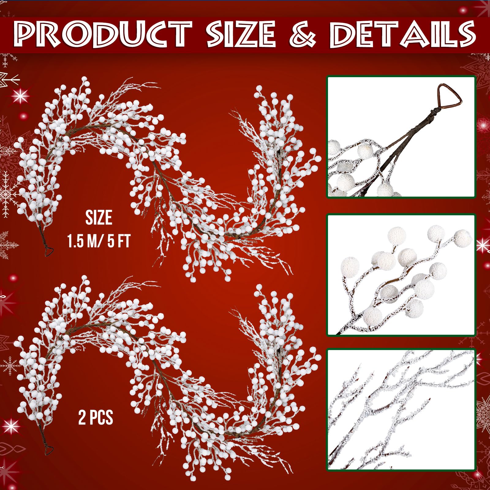 Xinnun 5 ft Christmas Berry Garland Christmas Tree Garland with Frosted Branches and Artificial Snow for Table Stairs Xmas Holiday Fireplace Decorations(White Berry,2 Pieces)