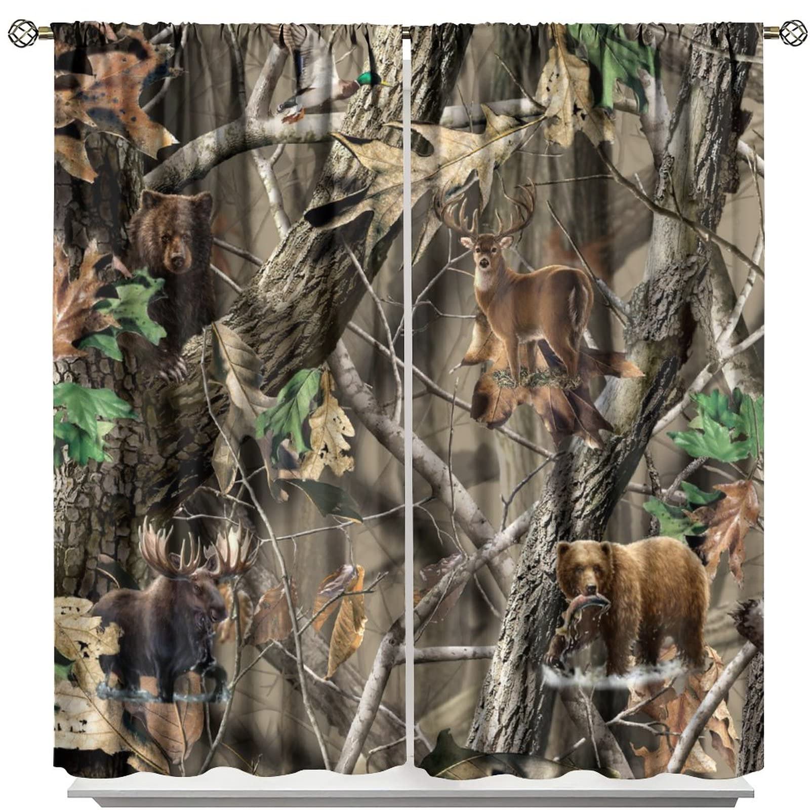 Forest Camouflage Curtains,Wild Animal Bear Deer Elk Blackout Rod Pocket Window Drapes for Living Room Bedroom Decor W55xL63in