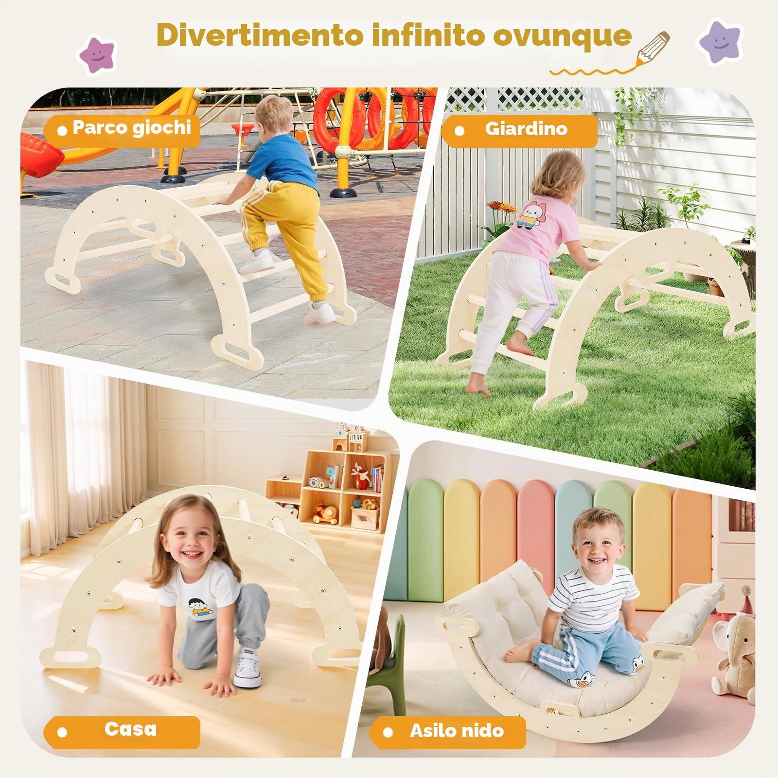 Arco da Arrampicata Montessori 2 in 1 con braccioli per bambini legno naturale cuscino tappetino antiscivolo 1-6 anni