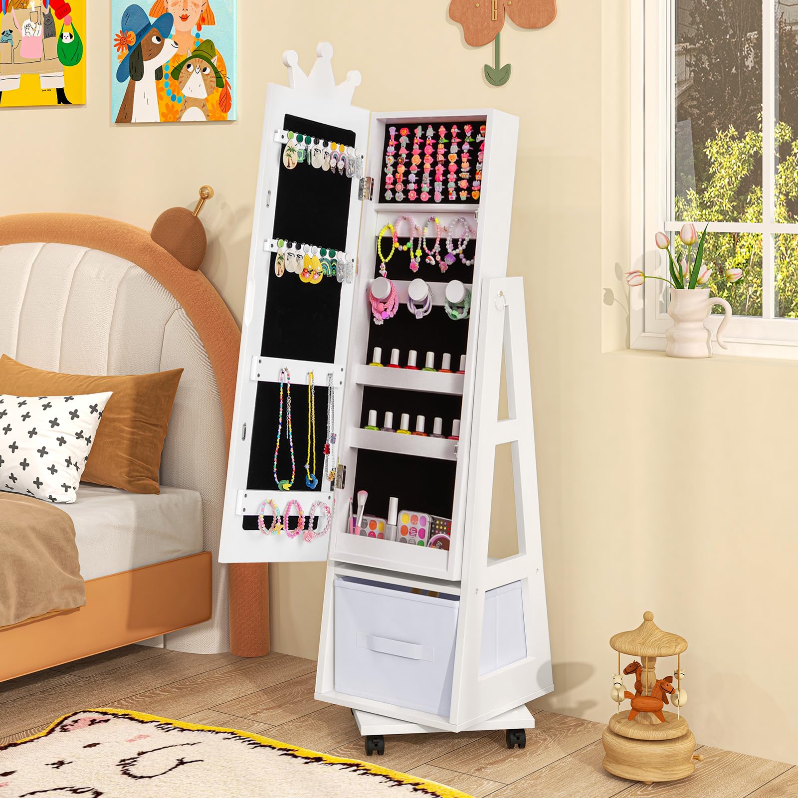 COSTWAY Armario Joyero para Niñas con Espejo de Cuerpo Completo y Base Giratoria, Blanco
