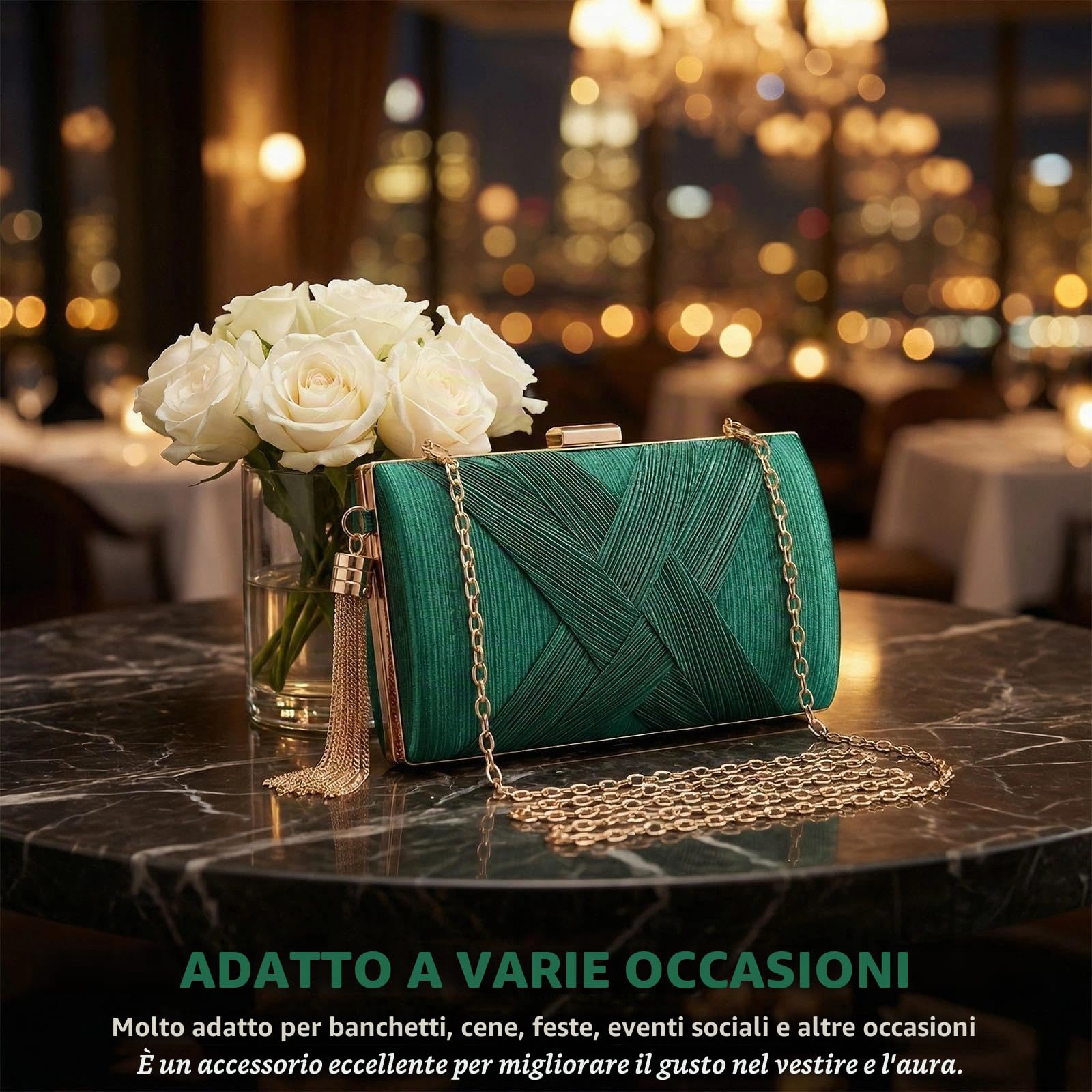 Pochette Oro da Sera Clutch Donna Pochette Dorata Cerimonia con 2 Catena, Elegante Borsa da Sera con Nappa da sposa Borsa Tracolla Piccola Borsetta per Feste di Matrimonio (Verde)