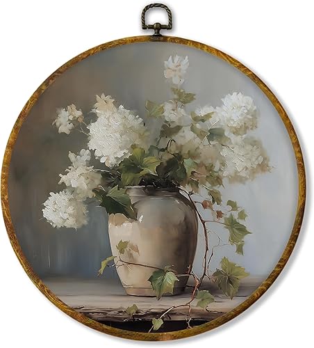 shiviody Arte de Pared en Lienzo Floral de Hortensias Blancas Vintage, Decoraciones de Impresiones en Marco Redondo Colgante de Flores Botánicas