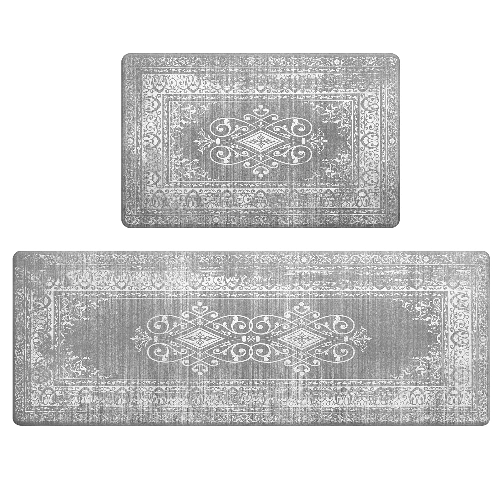 Ileading Anti Fatigue Kitchen Rug Set 2 Pieces Boho Kitchen Rugs and Mats Set Non Skid Cushioned Mats for Standing Desk Waterproof Kitchen Runner Mat Sets for Kitchen Sink Laundry Grey