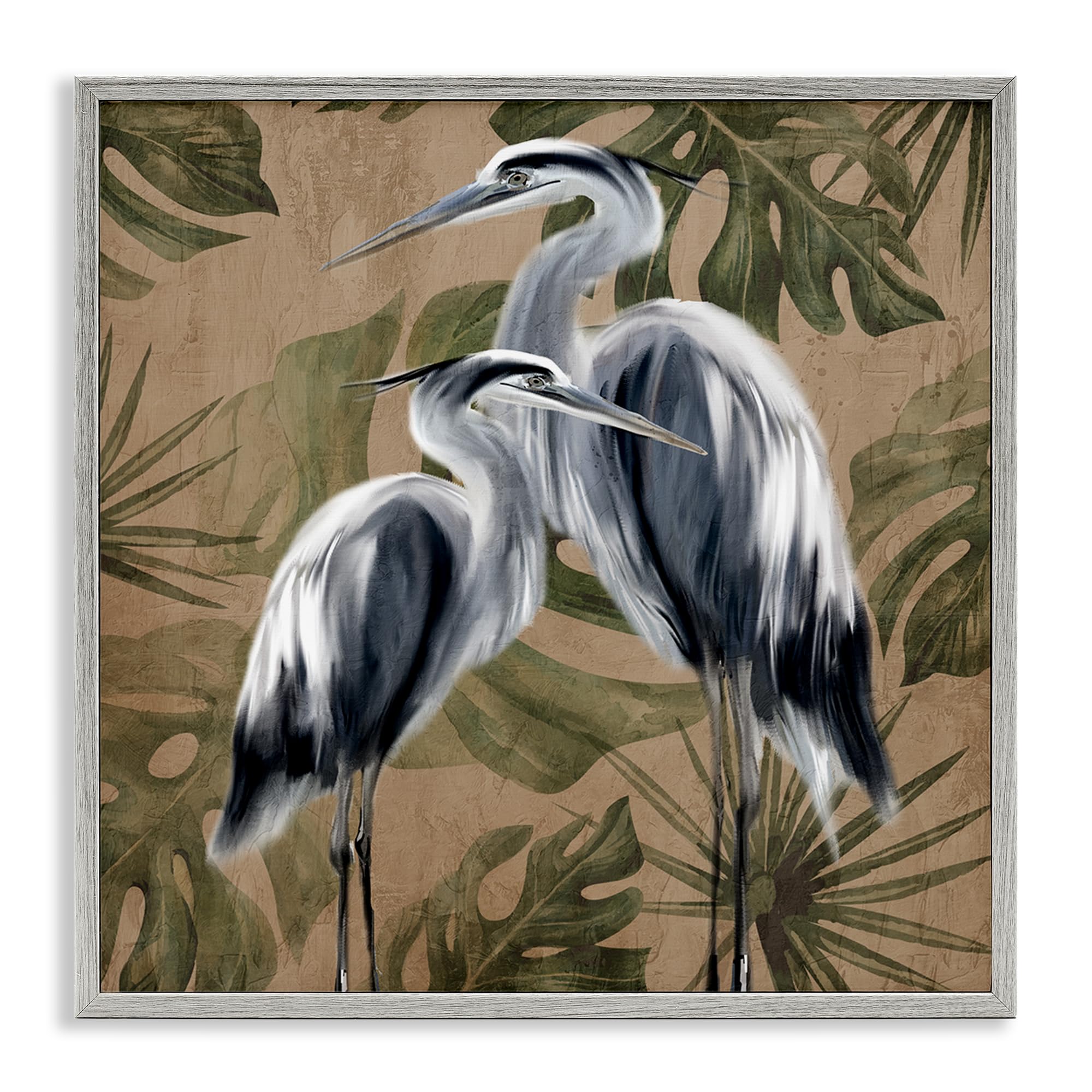 Stupell Industries Farmhouse Gray (Textured) Two Herons Tropical Leaves Nature, 17 X 17 Inch Framed Giclée Print