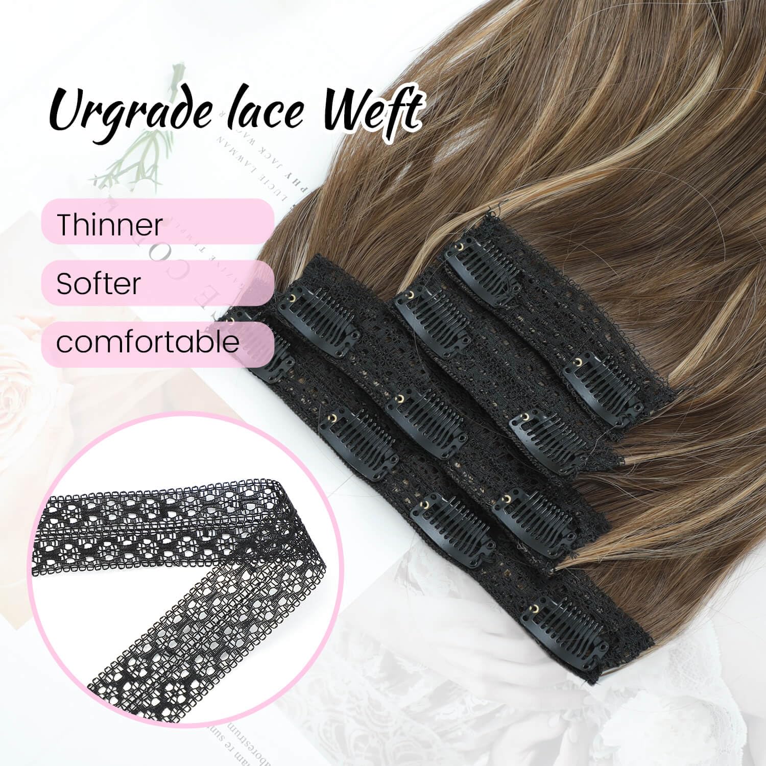 Ms Taj Brown Hair Extensions Upgrade Thinner Softer Invisible Lace Weft Thick Layered Hair Extension Clip in Light Brown Mixed Blonde 20Inch 4PCS Lightweight Wavy Hairpieces Full Head for Women - Image 3