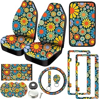 12 Pcs Abstract Hippie Flower Car Accessories Set, 2 Pcs Car Seat Covers Steering Wheel Cover 2 Pcs License Frames with Car Armrest Cover 2 Pcs Seat Belt 2 Pcs Cup Holder 2 Pcs Keyrings