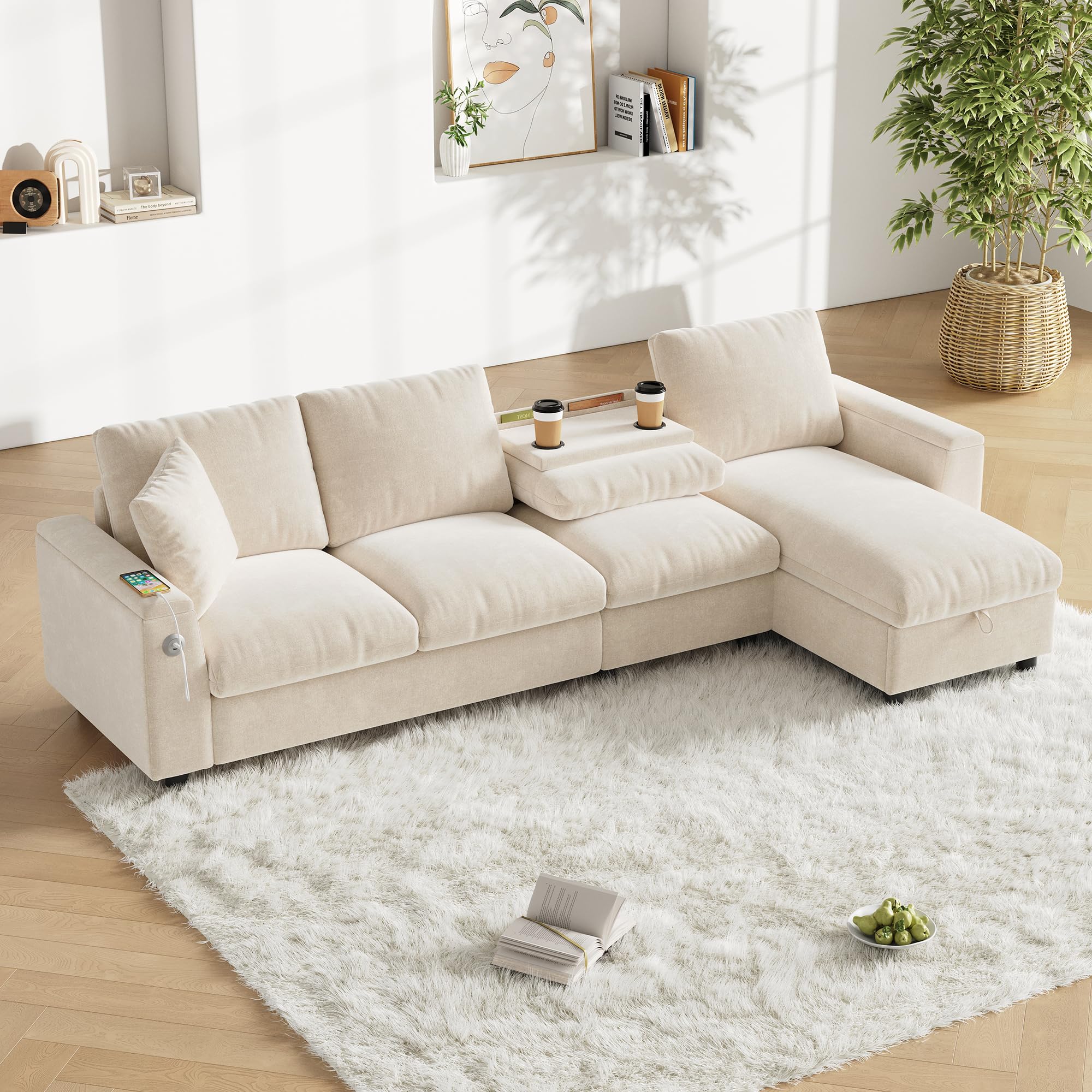 Sofa narożna w kształcie litery L, funkcja spania i wysuwana sofa, materiał szenilowy, miejsce do przechowywania + rozkładany stolik kawowy, złącze ładowania USB-C, regulacja w prawo/lewo