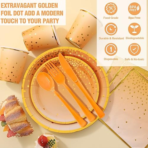 Miniatura 3 de 175 piezas de suministros de fiesta naranja, platos y servilletas de papel de otoño, platos de papel naranja para cumpleaños, decoraciones de fiesta