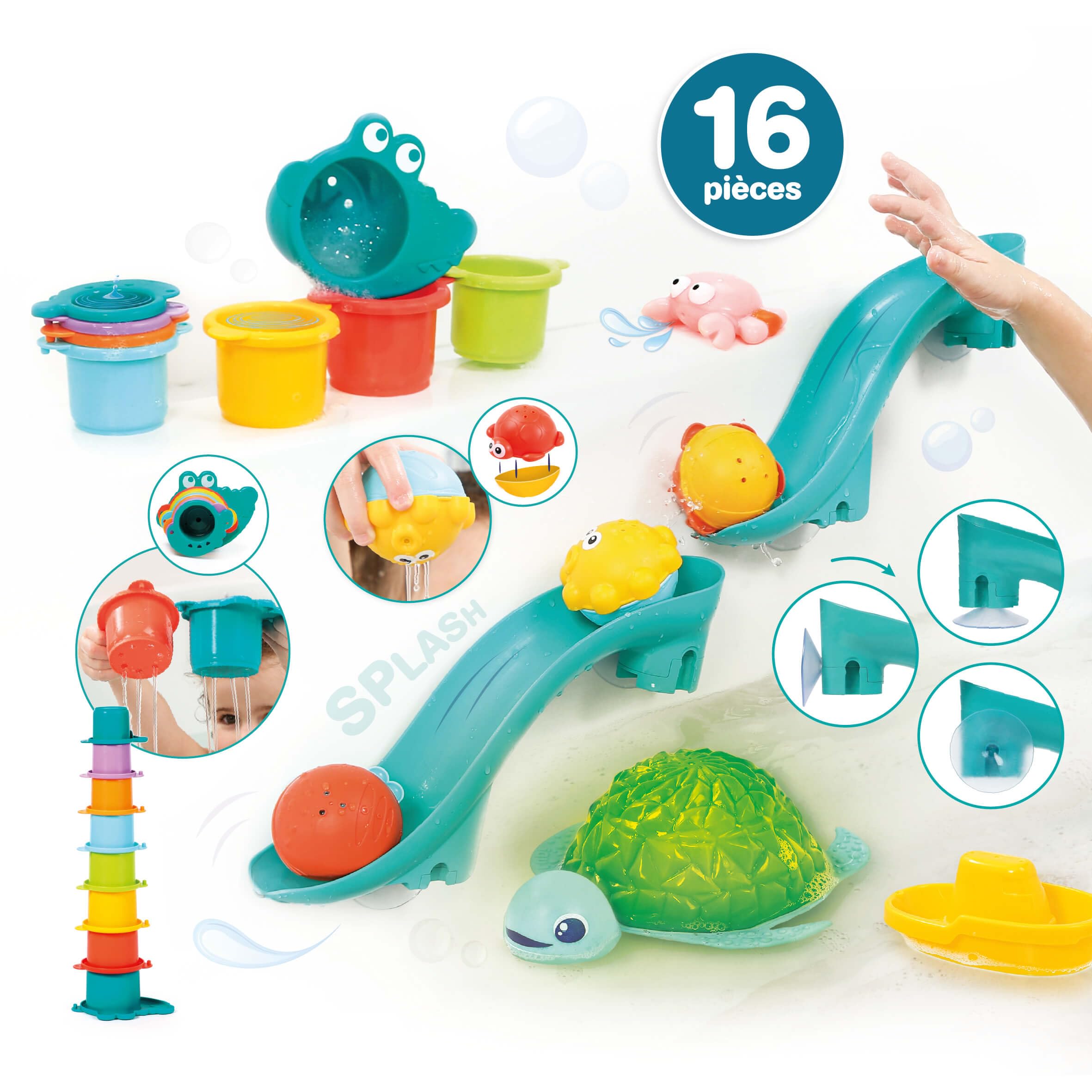 LUDI – Coffret de Bain XXL – 16 Jeux d’Eau interactifs – Toboggans, Tortue Lumineuse et Cups Pluie – Développe motricité et Coordination – Dès 10 Mois