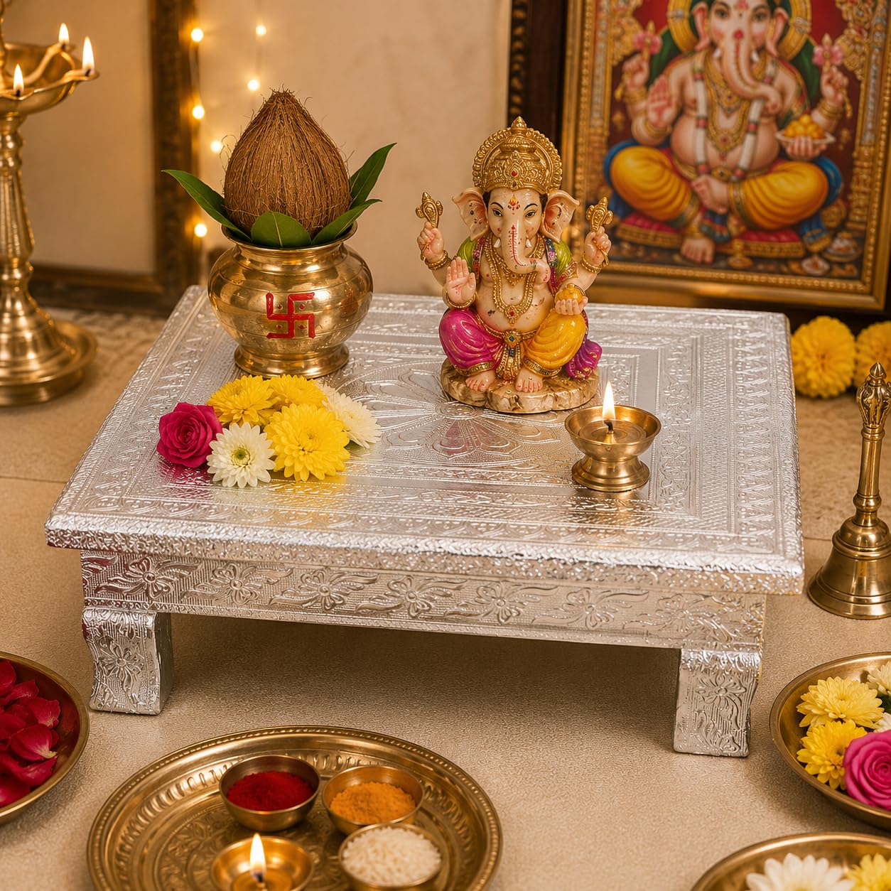 Handicrafts Pooja Chowki Fancy Aluminium Foil Designer Rectangle Wooden Pooja Bajot Peeta for Religious Purpose Beautiful Silver Rajwadi Works (18x18 Inch)-image-43
