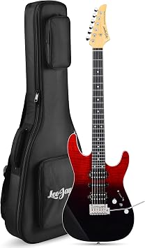 Leo Jaymz SW Electric Guitar, Flame Maple Top, Synthetic Ebony Fingerboard, 304 Stainless Steel Frets, 12"-16" Compound Radius, Alnico 5 Pickups, Small Double Locking Tremolo Black faded Red