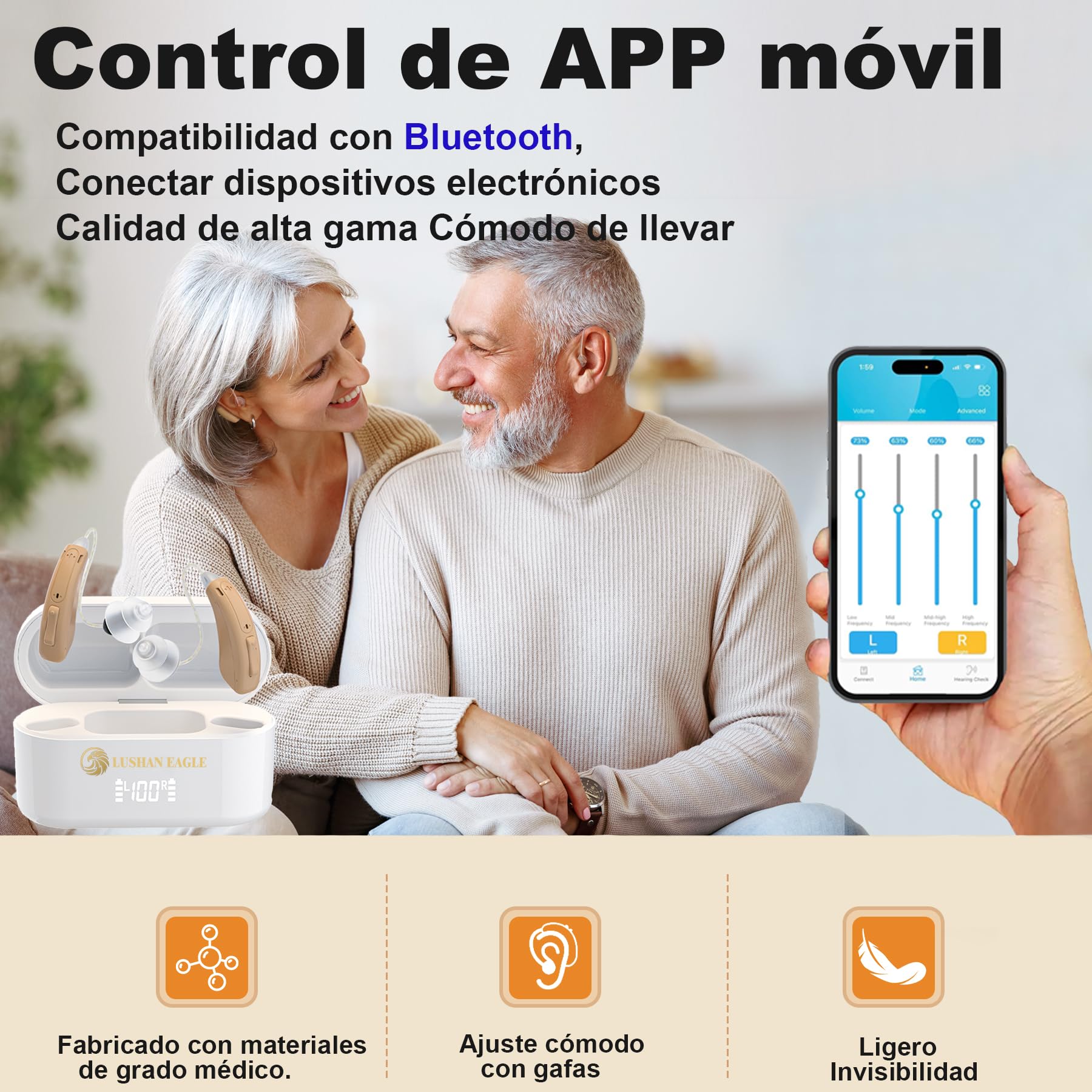 Amplificador de Sonido Digital 16 Canales, Auriculares Amplificadores Bluetooth con Control APP, Recargables BTE con Reducción de Ruido, Estuche de Carga 8H, Ligero Cómodo y Fácil de Usar para Mayores